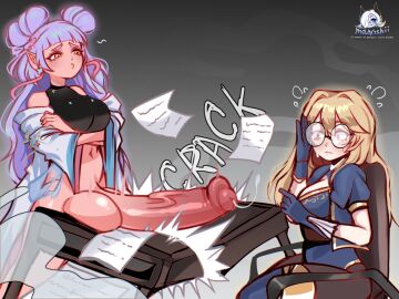 amber_eyes big_breasts big_penis blonde_hair blue_dress blue_eyes blue_hair brass_(diplomacyraptor) brass_the_oni breasts broken_desk broken_object chair covering_eye curious desk desk_sex diplomacyraptor diplomacyraptor_oc elf_ears emily_(mr.knight) female flying_papers futanari glancing_back glasses huge_cock human humanoid humanoid_penis intersex kimono large_breasts madoshii massive_penis oni oni_female oni_futa papers pastel_hair pathfinder pathfinder_(oc) penis penis_on_table pink_hair research researcher ringwaldt shocked slamming smug stockings thigh_highs thighhighs