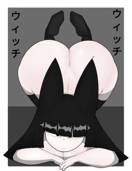 ass big_ass big_butt black_hair black_socks bubble_ass bubble_butt catwitch_(xarop77) feline goldenisbunny grey_background japanese_text long_hair simple_background socks thick_ass thick_thighs