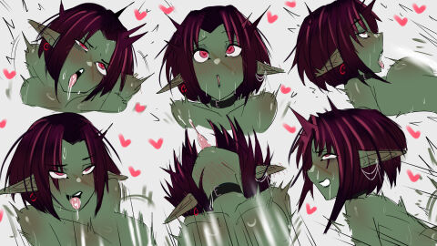 ahe_gao bloodscribe eyes_rolling_back green_skin heart-shaped_pupils heiz_illust non_nude pointy_ears red_hair tongue_out zombree
