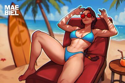 1girls abs athletic athletic_female beach bikini blue_bikini braided_hair braided_ponytail breasts brown_hair cleavage female female_only hi_res human lara_croft lara_croft_(classic) light-skinned_female light_skin long_hair maebiel nail_polish ocean palm_tree pink_nails red-tinted_eyewear shade sideboob sky smile sunglasses surfboard thighs tinted_eyewear tomb_raider toned toned_female underboob