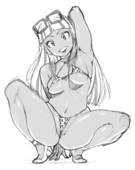bekei bikini heels high_heels kei_(bekei) long_hair micro_bikini monochrome one_arm_behind_head pokemon pubic_hair pubic_hair_behind_thong pubic_hair_peek risa_(pokemon) shiny_skin squatting sunglasses swimsuit tan_body tan_skin thick_thighs thong thong_bikini tight_clothing tight_swimsuit wet wet_body