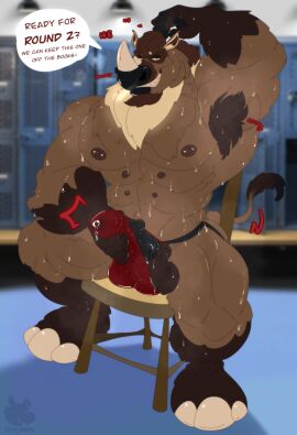 2025 abs absurd_res anthro armpit_fetish armpit_hair balls barbell_piercing beard bedroom_eyes big_balls black_penis bodily_fluids body_hair brown_body brown_fur chair clothed clothing cray.awn excessive_sweat facial_hair fur furniture genital_fluids genitals growth hi_res horn hornsweat jockstrap jockstrap_only locker_room looking_at_viewer male mammal markings multi_nipple muscle_growth muscular muscular_anthro musk musk_cloud musky_armpit narrowed_eyes nipple_barbell nipple_piercing nipples on_chair onomatopoeia penis penis_grab piercing precum precum_through_clothing prehistoric_species presenting_armpit raised_arm red_clothing red_jockstrap red_underwear rhinoceros seductive sharp_teeth snort solo sound_effects speech_bubble sweat teeth tenting text topless underwear underwear_only wet wet_clothing woolly_rhinoceros wrestler yellow_markings