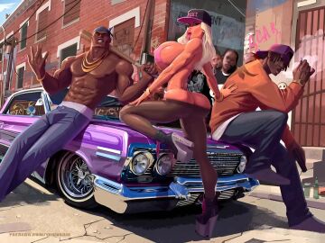 1girls 4boys ai_generated ass ass_cleavage ass_crack baseball_bat big_ass big_breasts bikini bimbo bimbo_lips black_skin blonde_hair blue_eyes breasts bubble_ass bubble_butt butt_crack car dark-skinned_male dark_skin day female g-string gang gold_chain gold_jewelry gun hi_res high_heel_boots high_heels high_resolution hood interracial jen_herron joints male muscular muscular_arms muscular_legs muscular_male muscular_thighs my_mom_and_sister_are_size_queen_sluts nipples pink_lipstick pink_nails platform_heels slut_cap slutwr1ter smoking smoking_weed street tagme temogam thick_thighs tongue tongue_out video weapon white_skin