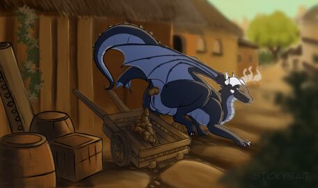 anus ass ass_up barrel blue_body box breasts cart container crotch_breasts detailed_background digitigrade dragon feces feces_pile female feral full-length_portrait gaping gaping_anus genitals hi_res horn membrane_(anatomy) membranous_wings mythological_creature mythological_scalie mythology plant portrait presenting presenting_anus presenting_hindquarters presenting_pussy pussy quadruped raised_tail rear_view scalie scat solo spikes stickybait tail tree village wings