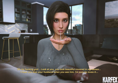 1boy 1girls 3d after_fellatio ashley_(karfex) blowjob blowjob_face bull_pov cheating cheating_wife clothed_female_nude_male cum cum_in_mouth cum_on_face dark-skinned_male dark_skin female interracial karfex light-skinned_female light_skin male ntr oral pov text