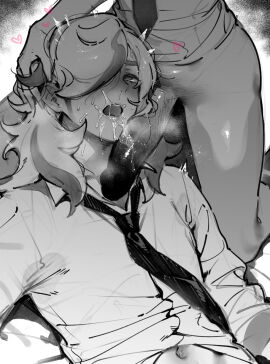 2boys arven_(pokemon) balls blush bottomless collared_shirt commentary_request cum cum_on_body facial florian_(pokemon) futa_on_male futanari greyscale hair_over_one_eye hand_on_another's_head heart highres huge_cock intersex kneeling long_hair lying male male_focus midriff_peek monochrome multiple_boys multiple_males navel necktie oekakixx on_back one_eye_covered open_mouth penis penis_on_face pokemon pokemon_sv possible_futa rolling_eyes shirt socks teeth testicles tongue upper_teeth yaoi