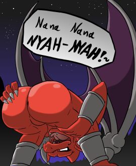 absurd_res anklet anus ass ass_focus bent_over bracelet bubble_ass bubble_butt capcom demon demon's_crest dialogue empty_eyes fangs featureless_crotch firebrand gargoyle gargoyle's_quest gay ghosts_'n_goblins hand_on_ass hand_on_butt hi_res humanoid_pointy_ears jewelry looking_through looking_through_legs macro710 male male_only membrane_(anatomy) membranous_wings night non-human non-human_only nude open_mouth presenting presenting_hindquarters red_arremer red_body smile solo solo_male speech_bubble star taunting teeth text thatweirdguy tongue wings