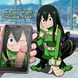 1boy 1boy1girl 1girls absurd_res boku_no_hero_academia cuckold dialogue english english_text female froppy green-haired_female green_hair hero_outfit_(mha) male my_hero_academia netorare phone phone_screen photo_comparison pov skinsuit social_media squatting teenage_female teenager tsuyu_asui