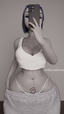 1girls 3d 3d_render 3drendernoob belly_button big_breasts breasts cleavage crotch_tattoo curvaceous curves curvy curvy_figure curvy_hips dc dc_comics face_obscured female front_view goth goth_girl grey_skin hand_holding_object hand_on_head highleg highleg_panties hips lowleg lowleg_pants midriff mirror_selfie navel near_monochrome painted_nails panties phone pubic_tattoo purple_eyes purple_hair purple_nails rachel_roth raven_(dc) samsung_galaxy selfie short_hair simple_background slim_thick slim_torso slim_waist solo spot_color sweat_pants tank_top tattoo teen_titans thick thick_as_fuck thick_legs thick_thighs thong twitter_link wasp_waist whale_tail white_tank_top white_topwear wide_hips