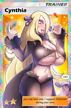 1girls big_breasts blonde_hair blowjob_gesture blush breasts card_(medium) ciaranworks clothed clothing color cynthia_(pokemon) english_text female female_focus female_only game_freak hi_res large_breasts light-skinned_female light_skin long_hair looking_at_viewer money navel nintendo open_mouth pokemon pokemon_card pokemon_champion pokemon_dppt pokemon_trainer pubic_hair solo solo_female sweat thick_thighs tongue tongue_out underboob