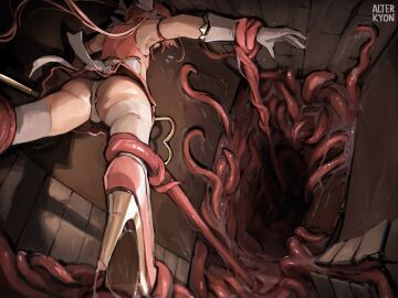 1boy 1femboy 2d alterkyon anal_object_insertion artist_name ass butt_plug captured color female femboy full_color gloves high_heels imminent_rape imminent_vore magical_boy magical_girl_outfit magicorps_(alterkyon) male monster original panties pink_hair restrained slime tadakuni_(alterkyon) tentacle tentacle_pit tentacles thighhighs