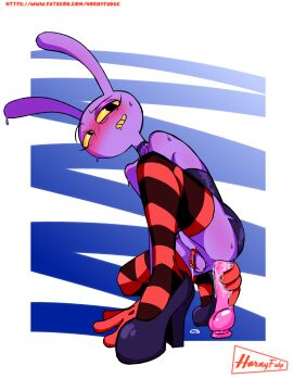 absurd_res anal anal_masturbation anal_sex anal_toy anthro anus balls blush blush_lines chastity_cage chastity_device clothed clothing crossdressing crossdressing_male dildo dildo_in_ass dildo_insertion dress femboy feminization footwear genitals glitch_productions glowes grawlixes hi_res hornyfudge jax_(tadc) lagomorph legwear leporid long_ears male mammal masturbation object_in_ass penetration purple_body purple_skin rabbit sex_toy sex_toy_in_ass sex_toy_insertion shoes smile solo teeth text the_amazing_digital_circus thigh_highs url yellow_eyes yellow_sclera