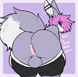 anthro anus ass backsack balls ballsack big_ass big_butt blue_eyes bottomwear bottomwear_down buckyboiyo clothed clothing dipstick_tail ear_piercing femboy fluffy fluffy_tail genitals hair hi_res huge_ass huge_butt industrial_piercing long_ears looking_at_viewer looking_back looking_back_at_viewer male male_focus male_only mammal markings partially_clothed piercing pink_hair presenting presenting_hindquarters shorts shorts_down smile solo tail tail_markings thick_thighs
