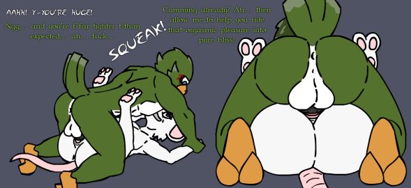 age_difference anthro ass avian backsack balls ballsack big_ass big_butt bird dialogue duo elderly elderly_anthro elderly_male female from_front_position genitals holding_wrist imminent_vore kakroon larger_male male male/female mammal mating_press murid murine older_male rat rodent sex size_difference smaller_female younger_female