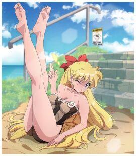 1girls absurd_res alluring bishoujo_senshi_sailor_moon blonde_hair blue_eyes blue_sky bow cloud commentary day english_commentary female frilled_one-piece_swimsuit frills fritz_willie full_body grass hairbow high_res legs_up long_hair minako_aino official_alternate_costume one-piece_bikini one_eye_closed outside red_bow sign sky stairs swimsuit two-tone_swimsuit