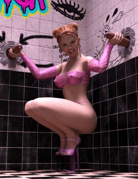 1girls 2boys 3d anklet blonde_hair buckteeth daz3d daz_studio double_bun double_handjob earrings female french_nails glory_hole graffiti_on_wall hair_bun high_heels long_bangs male pink_bra pink_panties platform_heels precum precum_drip smug_face wall_writing