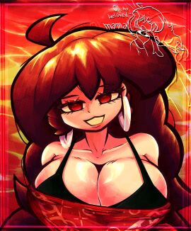 1girls auburn_eyes auburn_hair big_breasts boob_window boobs_bigger_than_head bra breasts cleavage female female_only friday_night_funkin friday_night_funkin:_funkadelix funkadelix_girlfriend_(friday_night_funkin) girlfriend_(friday_night_funkin) hoop_earrings hoop_earrings_oversized shiny_breasts smile syridias