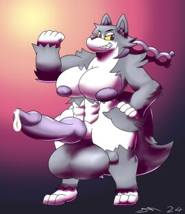 absurd_res blue_body breasts dirtymac furry futa_only futanari generation_4_pokemon generation_9_pokemon genitals hi_res huge_breasts hybrid hyper hyper_genitalia intersex intersex_only legendary_pokemon nintendo okidogi pokemon pokemon_(species) purugly yellow_eyes