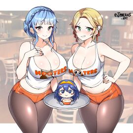 2girls alternate_costume artist_name blonde_hair blue_eyes blue_nails brand_of_the_exalt breasts character_doll cleavage clothes_lift female female_only fire_emblem fire_emblem:_three_houses fire_emblem_awakening green_eyes grey_eyes hand_on_own_chest hand_on_own_hip highres holding holding_tray hooters ingrid_brandl_galatea jarckius large_breasts long_hair looking_at_viewer lucina_(fire_emblem) marianne_von_edmund multiple_females multiple_girls nail_polish nintendo orange_nails orange_shorts pantyhose pantyhose_under_shorts raised_eyebrow shirt_lift short_hair shorts smile teeth tiara tray waitress