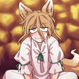 1futa animal_ears blonde_hair blush clothed clothing eddybird female fox_ears fox_girl fully_clothed futa_only futanari humanoid implied_futa intersex kemonomimi kudamaki_tsukasa light-skinned_futa light_skin long_hair solo solo_futa sweat sweating touhou yellow_eyes