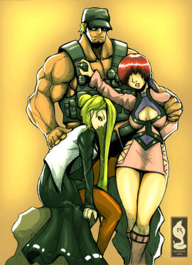1boy 2girls bent_over big_breasts blonde_hair boots breasts clark_still cleavage dress female fishnets glasses hat king_of_fighters legs legwear light-skinned_female light_skin long_hair male mature_(kof) military military_uniform muscular muscular_male red_hair shermie_(kof) skirt smile smiling tan tan_body tied_hair wide_hips