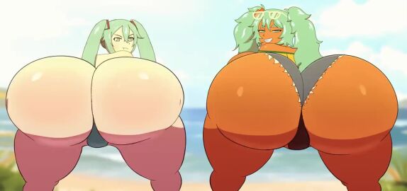 2girls ass ass_focus big_ass big_asses big_butt bikini_bottom black_panties brazilian_miku chocolate_and_vanilla cyan_eyes cyan_hair cyan_hair_female female giant_ass hatsune_miku light_skin light_skinned_female panties shorts sound sound_edit sunglasses_on_head tagme tan_skin tan_skinned_female twerk twerking twerking_at_viewer twintails video vocaloid yellow_shirt