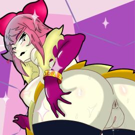 1girls anus ass back_view big_ass big_breasts breasts female pink_hair pussy sweat vagina white_skin