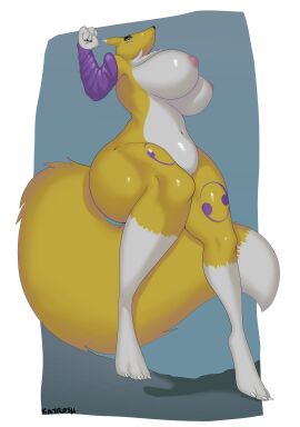 absurd_res alpha_channel anthro areola ass bandai_namco big_ass big_breasts big_butt blue_eyes breasts canid canine curvy_figure digimon digimon_(species) female fox glistening glistening_body glistening_breasts glistening_eyes glistening_skin hi_res katrosh low-angle_view mammal nipples renamon small_waist solo tail thick_tail thick_thighs voluptuous wide_hips yellow_body