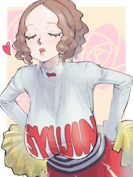 1girls absurdres alternate_breast_size alternate_costume alternate_hairstyle big_breasts breasts brown_hair cheerleader cheerleader_uniform closed_eyes commission female forehead hanging_breasts haru_okumura highres huge_breasts large_breasts leaning_forward official_alternate_costume persona persona_5 poechan poechan_chan pom_pom_(cheerleading) ponytail short_hair