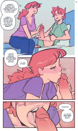 1boy 1girls ass bedroom big_ass big_breasts big_penis biting_lip blush breasts cleavage comic comic_page cucked_by_son father fellatio female incest kissing_penis kissing_penis_tip licking_penis licking_tip looking_at_penis male milf mother_and_son nervous not_enough_milk_(artist) oral original original_character page_3 penis red_hair touching_penis tugging_collar wide_hips