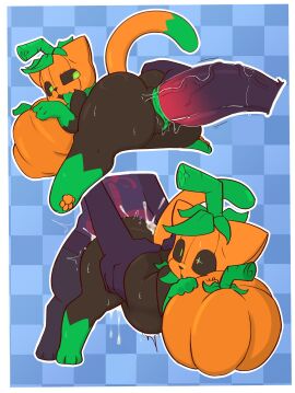 1boy 1girls bodily_fluids cum cum_in_pussy cum_inside defunctumbra disembodied_penis doggy_style erection female furry green_eyes male nervous penis pumkat pumpkin pumpkin_head pussy shocked shocked_expression sweat sweating veiny_penis