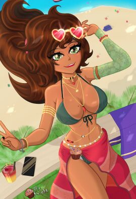 1girls alcohol alcoholic_drink balcony beach belly_chain bikini breasts brown_hair choker cocktail detached_sleeves eyewear_on_head female green_eyes heart_sunglasses jewelry large_breasts lens_flare looking_at_viewer looking_up mole mole_on_breast mole_under_eye muffin_knight muffin_knight_(artist) necklace palm_tree peace_sign ponytail smiling_at_viewer solo sunglasses swimsuit tan tan_skin tanline tanlines tanned tanned_female tanned_skin thin thin_waist towel towel_around_waist