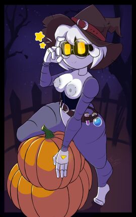 1girls 2d breasts chubby chubby_female female female_only glitch_productions halloween humanoid kayl looking_at_viewer murder_drones nerdy_female nipples pumpkin robot robot_girl robot_humanoid screen_face solo v_(murder_drones) v_worker_drone white_body witch_hat worker_drone