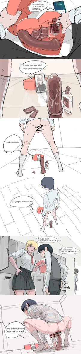 1boy 2girls absurd_res anus ass balls blue-haired_male blue_hair bottomless brown_dildo censored censored_balls chastity_cage comic comic_strip dildo dildo_in_ass dildo_riding english_text female femdom gift glasses hi_res hogu_(pizzlet) image_set legs_apart light-skinned_female light-skinned_male light_skin lube lube_bottle male male_anus male_ass male_focus malesub masturbation miyo_(pizzlet) original original_character partially_clothed partially_clothed_male phone pizzlet sex_toy shirt short_hair socks squatting valentine's_day video_call