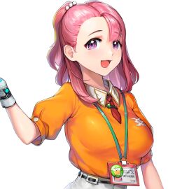 bangs beads beads_hair_tie belt big_breasts black_belt breasts bumcha color eyebrows_visible_through_hair female female_focus female_only forehead game_cg gloves hair_tie id_card last_origin looking_at_viewer medium_hair necktie not_porn office_lady one_side_up open_mouth orange_shirt orangeade_(last_origin) pink_eyes pink_hair red_tie safe safe_for_work sfw shirt shirt_tucked_in short_necktie skirt smile smiling smiling_at_viewer solo solo_female tie transparent_background upper_body white_gloves white_skirt