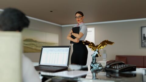 1boy 1girls 2024 3d alex_(jonasd) black_skirt breasts brown_hair clothed clothing female glasses indoors jonasd jonasd-3dart lipstick male office_lady original_character ponytail red_lipstick red_nail_polish red_nails shirt skirt small_breasts straight white_shirt