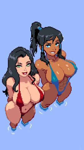 abs asami_sato big_breasts bisexual_female blue_eyes canon_couple dark-skinned_female female_abs female_only green_eyes korra one-piece_bikini one-piece_swimsuit pixel_art pixelated the_legend_of_korra thick_thighs tied_hair wplace yuri