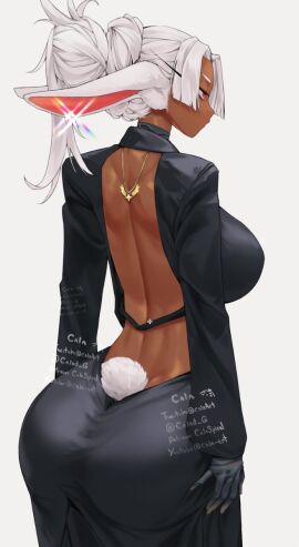 alternate_costume alternate_hairstyle animal_ears artist_name ass backless_dress backless_outfit black_dress black_gloves breasts calad_g clothing_cutout commentary dark-skinned_female dark_skin dress english_commentary female from_behind gabriel_carrasquillo gloves hair_bun hair_up hands_on_own_hips highres jewelry large_breasts long_eyelashes long_hair looking_to_the_side median_furrow mirko miruko my_hero_academia necklace parted_bangs patreon_username pendant ponytail rabbit_ears rabbit_girl rabbit_tail red_eyes rumi_usagiyama simple_background solo sparkle tail tail_through_clothes toned toned_female twitch_username twitter_username white_background white_hair youtube_username