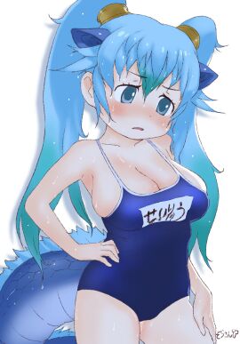 animal_ears aqua_eyes aqua_hair armpits bangs bare_arms bare_shoulders blue_eyes blue_hair blue_one-piece_swimsuit blue_swimsuit blush breasts bursting_breasts clavicle cleavage clothing covered_navel cowboy_shot dot_nose dragon_girl dragon_tail eyebrows eyebrows_visible_through_hair female female_only furrowed_eyebrows gradient_hair hair_between_eyes hand_on_hip hand_on_leg hand_on_own_hip hand_on_own_leg high_resolution japanese_language japanese_text japari_symbol jewelry kemono_friends large_breasts long_hair looking_at_viewer looking_down masuyama_ryou monster_girl multi_ear multicolored_hair name_tag navel one-piece_swimsuit open_mouth parted_lips seiryuu_(kemono_friends) simple_background solo standing sukumizu swimsuit tail tank_suit text tied_hair twintails undersized_clothes wet white_background