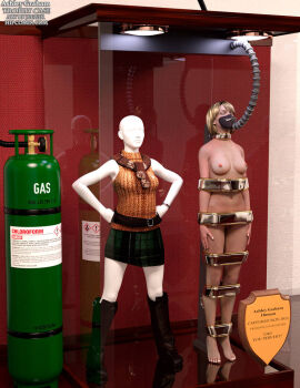 1girls 3d ashley_graham ashley_graham_(brooke_elizabeth_mathieson) blonde_hair bound bound_arms bound_legs completely_nude female female_only full_body mannequin miniskirt nude nude_female resident_evil resident_evil_4 skirt solo thejpeger trophy_case unconscious unconscious_female