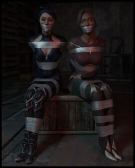 2girls 3d bondage bound bound_arms bound_legs clothed_bondage dark-skinned_female dark_skin female fully_clothed fully_clothed_female gag gagged jade_(mortal_kombat) kitana kitana_(mk11) lord_kamski mortal_kombat tape_gag