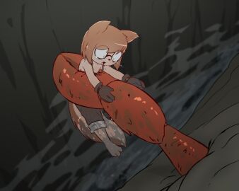 3_toes 5:4 absurd_res anthro barefoot bird's-eye_view blood_from_mouth blood_in_mouth bodily_fluids breasts buckteeth claws clothing crush dying e254e eye_bags fatal_wound feet female fluffy fluffy_tail freckles gladses hi_res high-angle_view lana_(e254e) mammal mud nipples overalls overalls_only predator/prey rodent sciurid small_breasts solo tail tears teeth toes tree_squirrel wounded