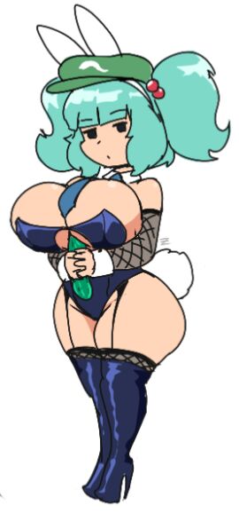 1girls ass between_breasts big_breasts blue_hair breasts bunny_ears bunny_tail bunnysuit cleavage cucumber female fruit hat light-skinned_female light_skin mob_face nitori_kawashiro paizuri solo solo_female thick_thighs thighs touhou twintails watermark zedrin