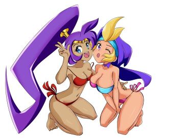 2d 2d_(artwork) 2girls :d belly_button big_breasts bikini blonde_hair blue_eyes breasts choker female female_only hand_on_waist loose_bikini peace_sign pose posing posing_for_the_viewer purple_hair seductive shantae shantae_(character) skinny sky_(shantae) string_bikini tagme tanned_skin