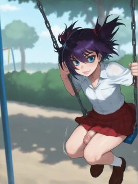 1boy 2d_animation ai_assisted animated blue_eyes checkered_skirt crossdressing femboy hair_ribbon large_penis lips otoko_no_ko outdoors park playground purple_hair skirt solo swing swinging swinging_penis tagme video white_shirt