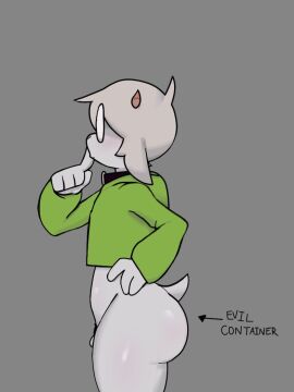 2025 5_fingers anthro ass balls black_collar black_text blush bottomless bovid caprine chastity_cage chastity_device clothed clothing collar cropped_hoodie directional_arrow evil_container eyewear femboy fingers flat_chastity_cage fur genitals glasses goat green_clothing green_hoodie green_topwear grey_background grey_body grey_fur grey_hair hair hand_on_hip hoodie horn male mammal round_glasses short_tail side_view simple_background solo standing tail tam_tam_(tamdagoat) tamdagoat text topwear wearing_glasses