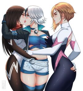 3girls absurdres asymmetrical_hair back_cutout black_hair blonde_hair bodysuit breasts cindy_moon clothing_cutout commission crop_top fff_threesome french_kiss girl_sandwich grabbing_another's_ass grabbing_another's_breast groping group_sex gwen_stacy hand_in_another's_pants highres kissing leofoxart luna_snow marvel marvel_rivals multicolored_hair multiple_girls sandwiched short_shorts shorts silk_(marvel) simple_background spider-gwen spider-man_(series) spider-verse spider_web_print split-color_hair superhero_costume threesome two-tone_hair white_hair yuri