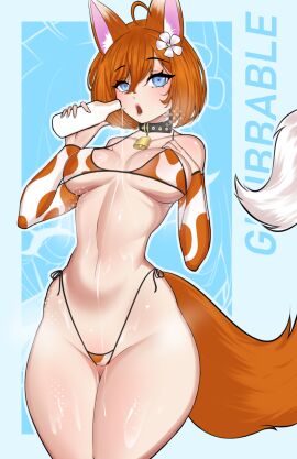 ahoge animal_ears bell_collar blue_eyes breasts cleavage collar cow_print cow_print_bikini cow_print_panties cow_print_thighhighs cowprint female female_only fox_ears fox_girl fox_tail fully_clothed glubbable indie_virtual_youtuber kemonomimi large_breasts milk orange_hair revealing_clothes senhorita_nance skimpy_clothes thick_thighs virtual_youtuber vrchat