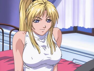 00s 1girls 2001 animated bed bedroom bible_black bible_black_night_of_the_walpulgiss blonde_hair breasts curtains curvy female large_breasts long_hair panties purple_eyes saeki_kaori sitting skirt smile socks spread_legs tagme underwear