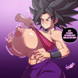 abs angry baggy_pants bandeau bandeau_lift bandeau_pull big_breasts bracers breasts breasts_bigger_than_head caulifla clothes_lift coffeenexxa dialogue dialogue_bubble disembodied_hand dragon_ball dragon_ball_super dragon_ball_z female from_side huge_areolae huge_breasts huge_nipples large_breasts lifted_top lifting_clothing lifting_top mad motion_blur motion_lines nexxa pants pink_nipples pink_tube_top purple_pants sideview text text_bubble thick_thighs tomboy toned tube_top tubetop wide_hips